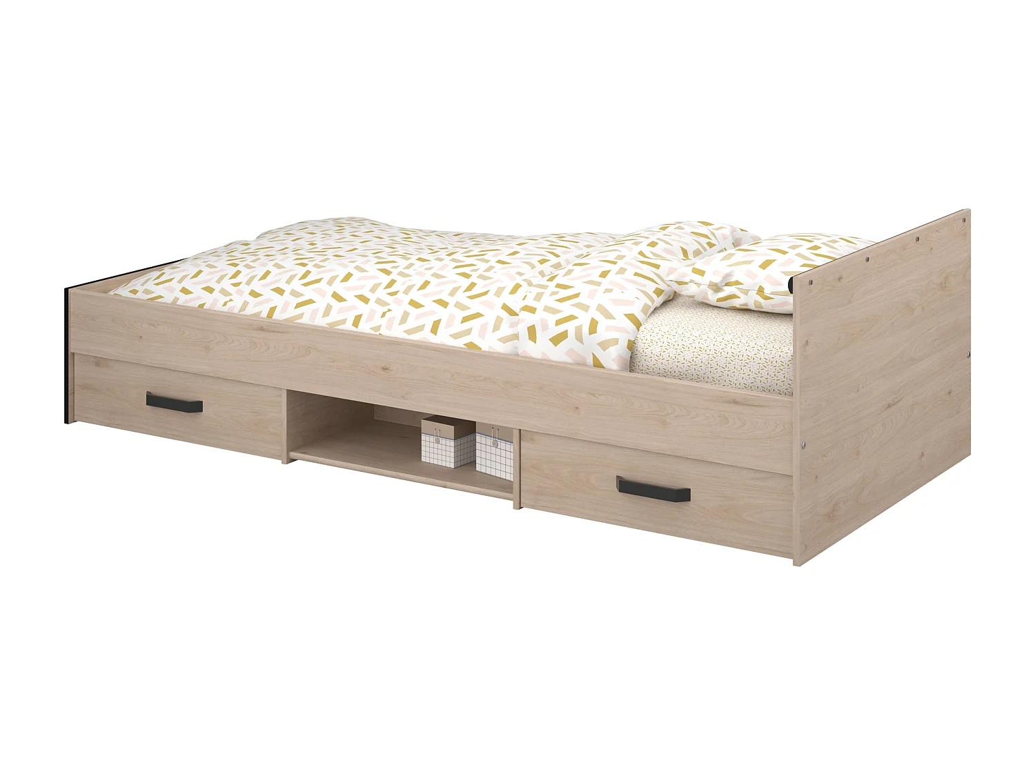 Cama Village Juvenil Roble/Negro con 2 cajones y 1 hueco 90x200 cm