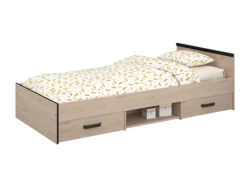 Cama Village Juvenil Roble/Negro con 2 cajones y 1 hueco 90x200 cm