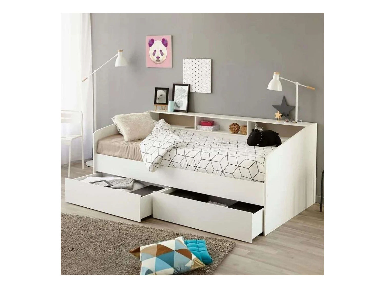 Cama Juvenil Style Blanca con cajones y estantes 80x203x113cm