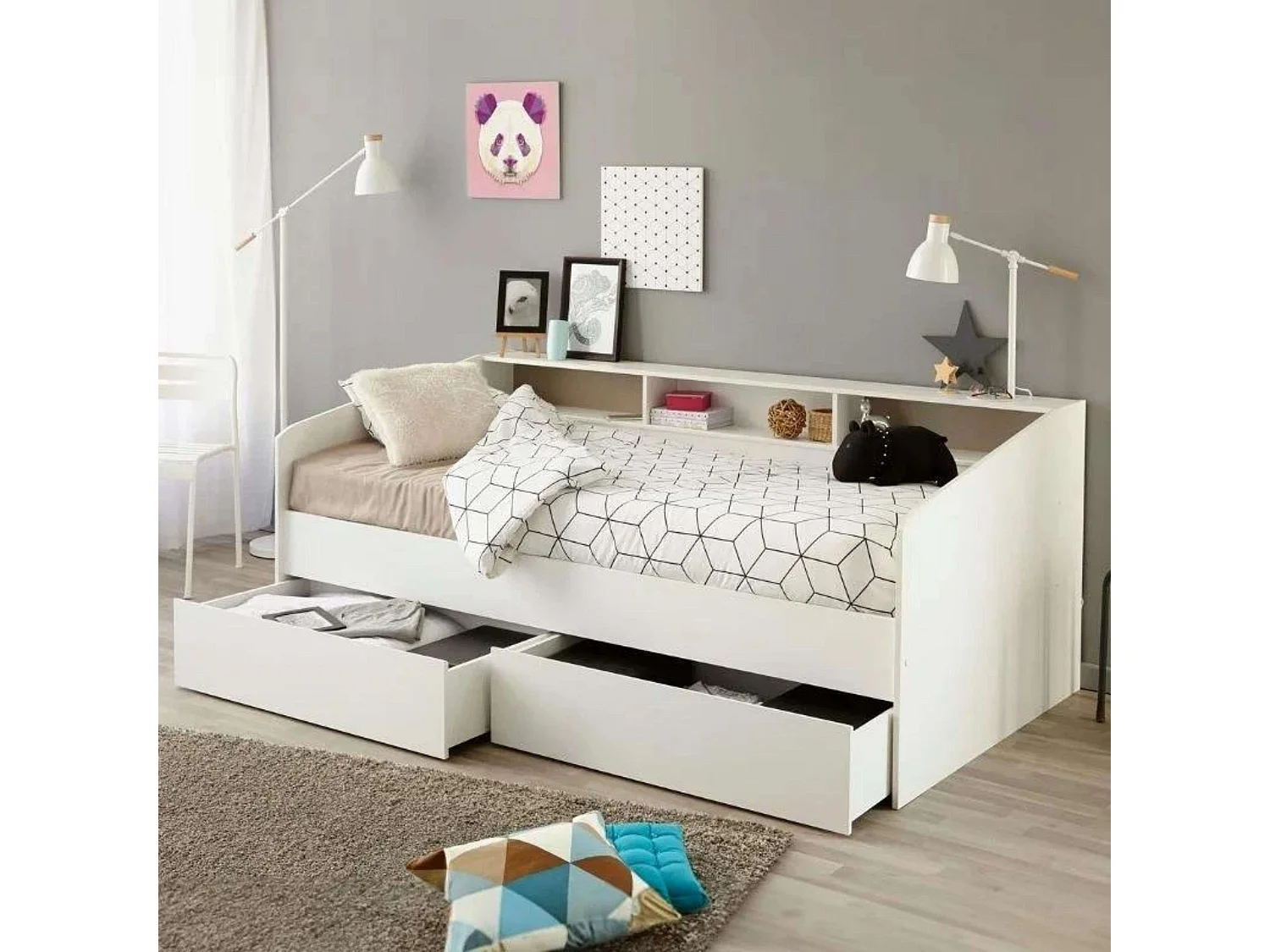 Cama Juvenil Style Blanca con cajones y estantes 80x203x113cm
