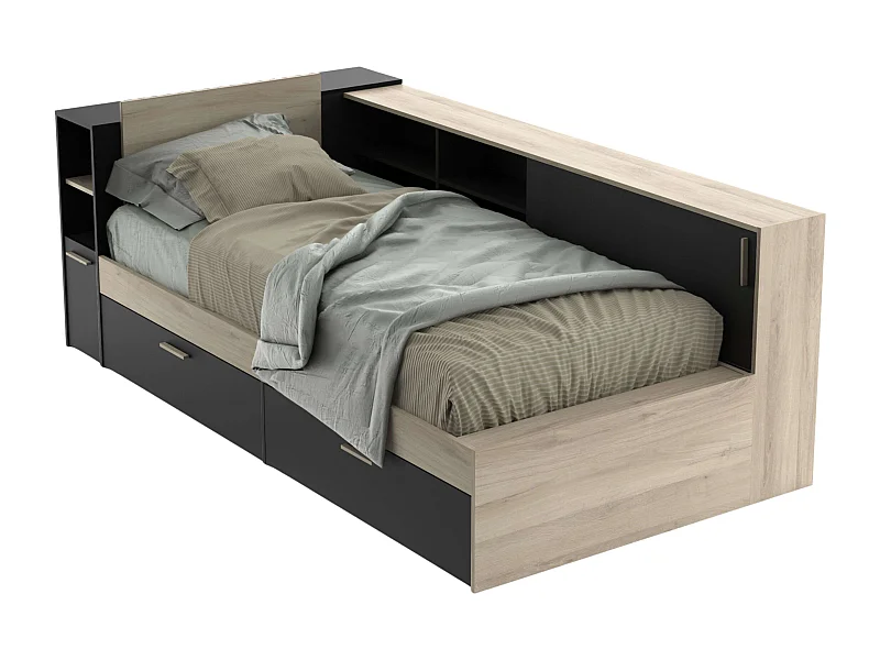 Cama Life Almacenaje Juvenil Negro/Roble Kronberg 90x190-200 cm