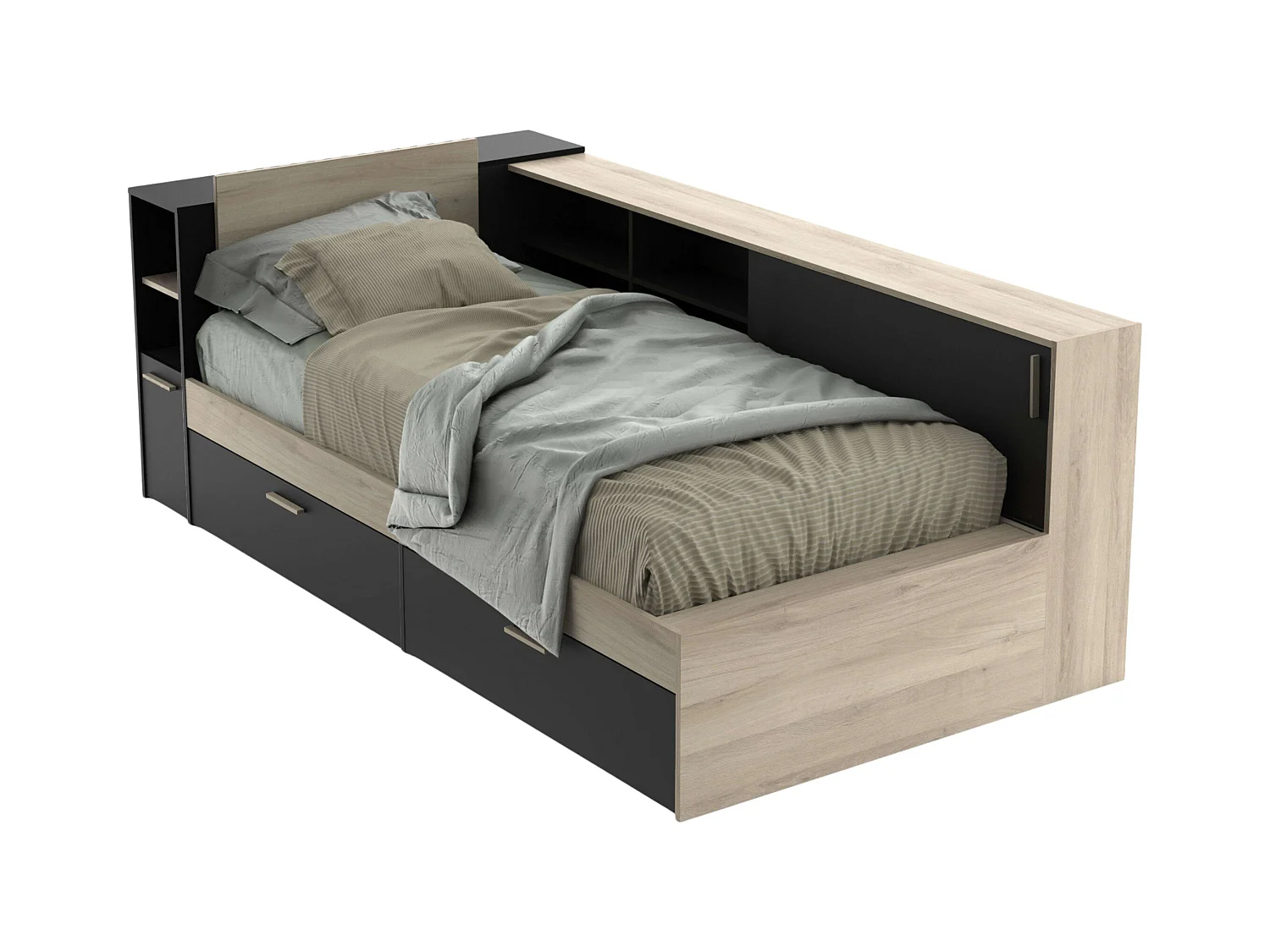 Cama Life Almacenaje Juvenil Negro/Roble Kronberg 90x190-200 cm