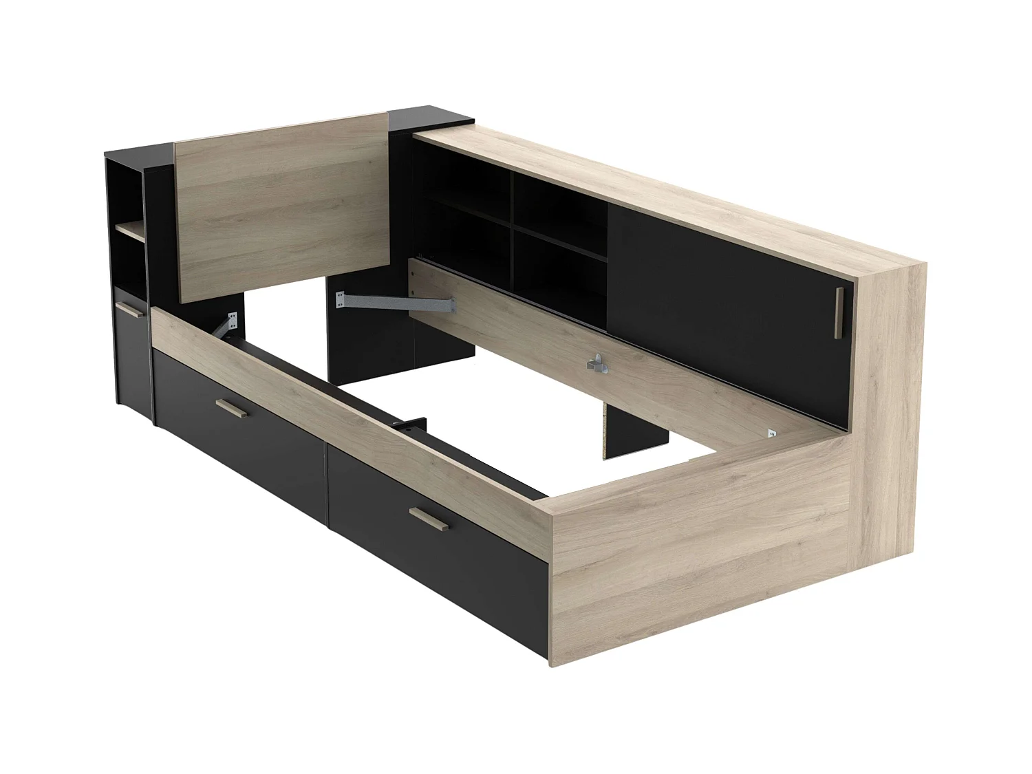 Cama Life Almacenaje Juvenil Negro/Roble Kronberg 90x190-200 cm