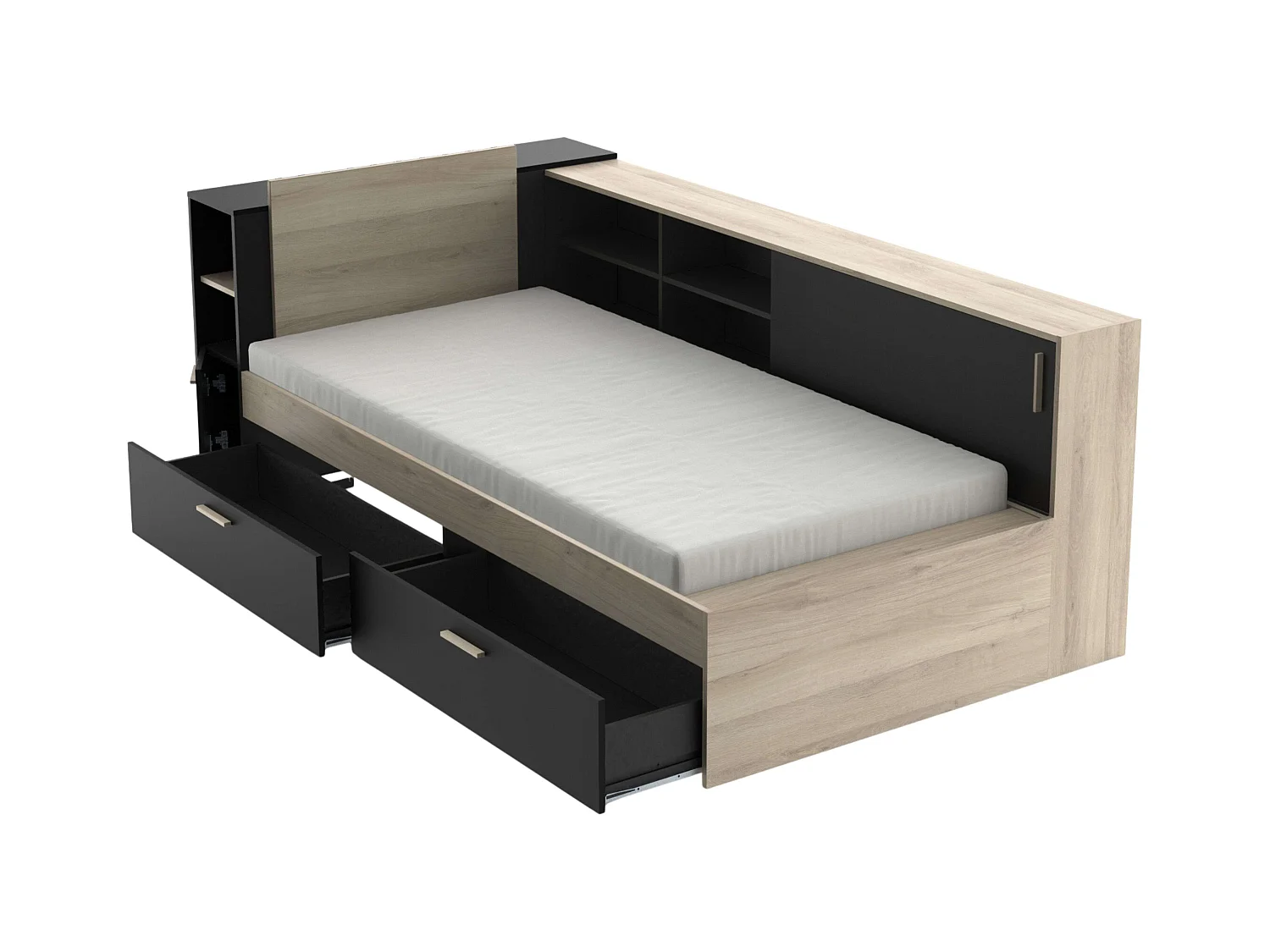 Cama Life Almacenaje Juvenil Negro/Roble Kronberg 90x190-200 cm
