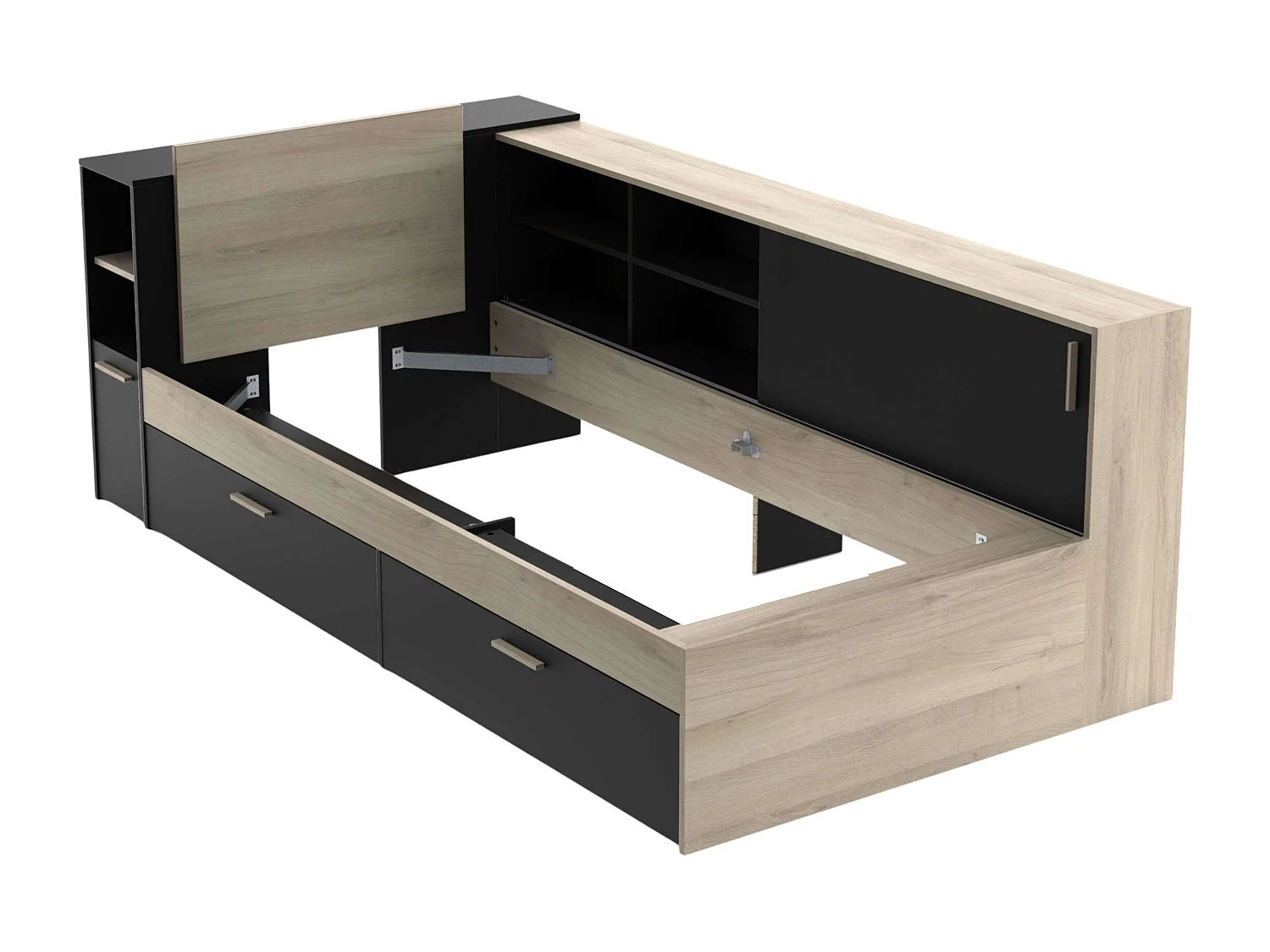 Cama Life Almacenaje Juvenil Negro/Roble Kronberg 90x190-200 cm