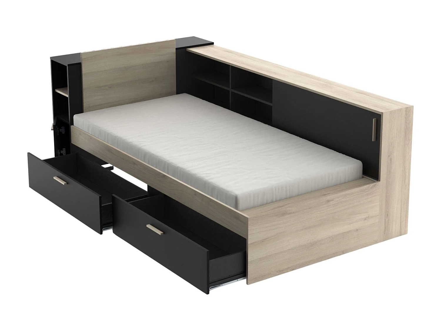 Cama Life Almacenaje Juvenil Negro/Roble Kronberg 90x190-200 cm