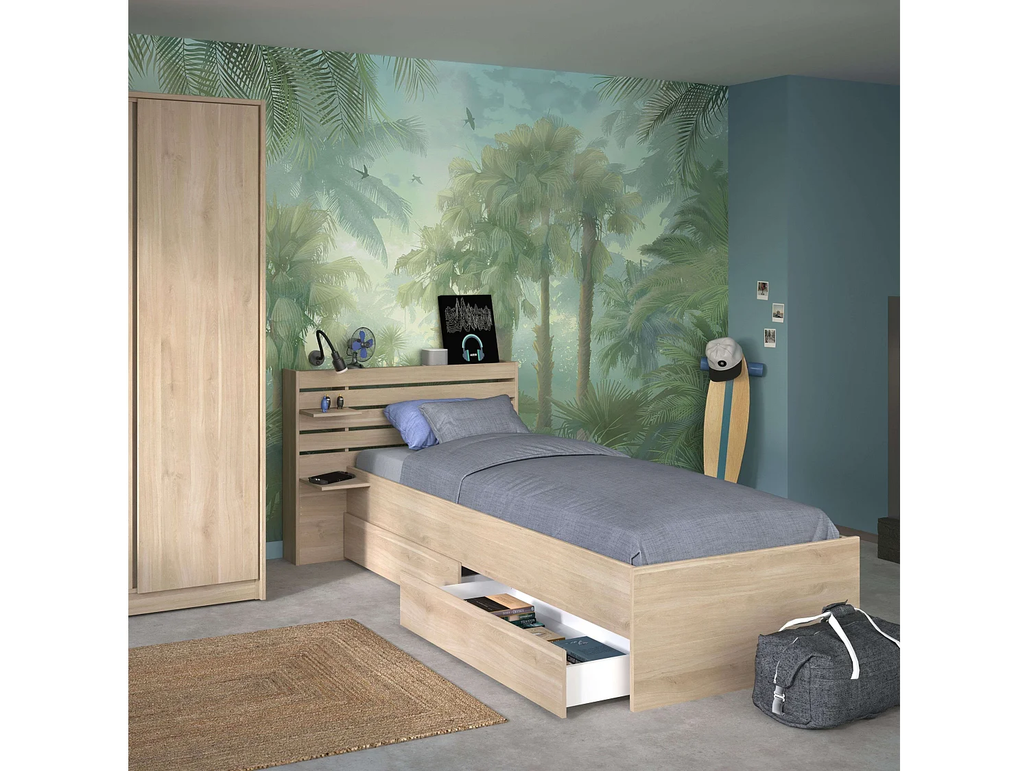Cama Juvenil Eik con 2 Cajones Roble Japonés 90x190-200