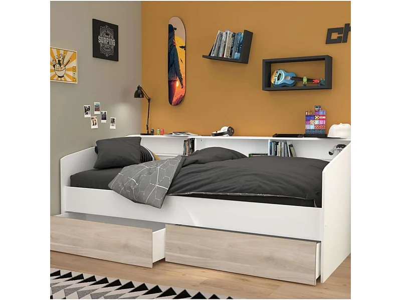 Cama Juvenil Style Blanco con cajones Roble Japonés 90x190-200 cm