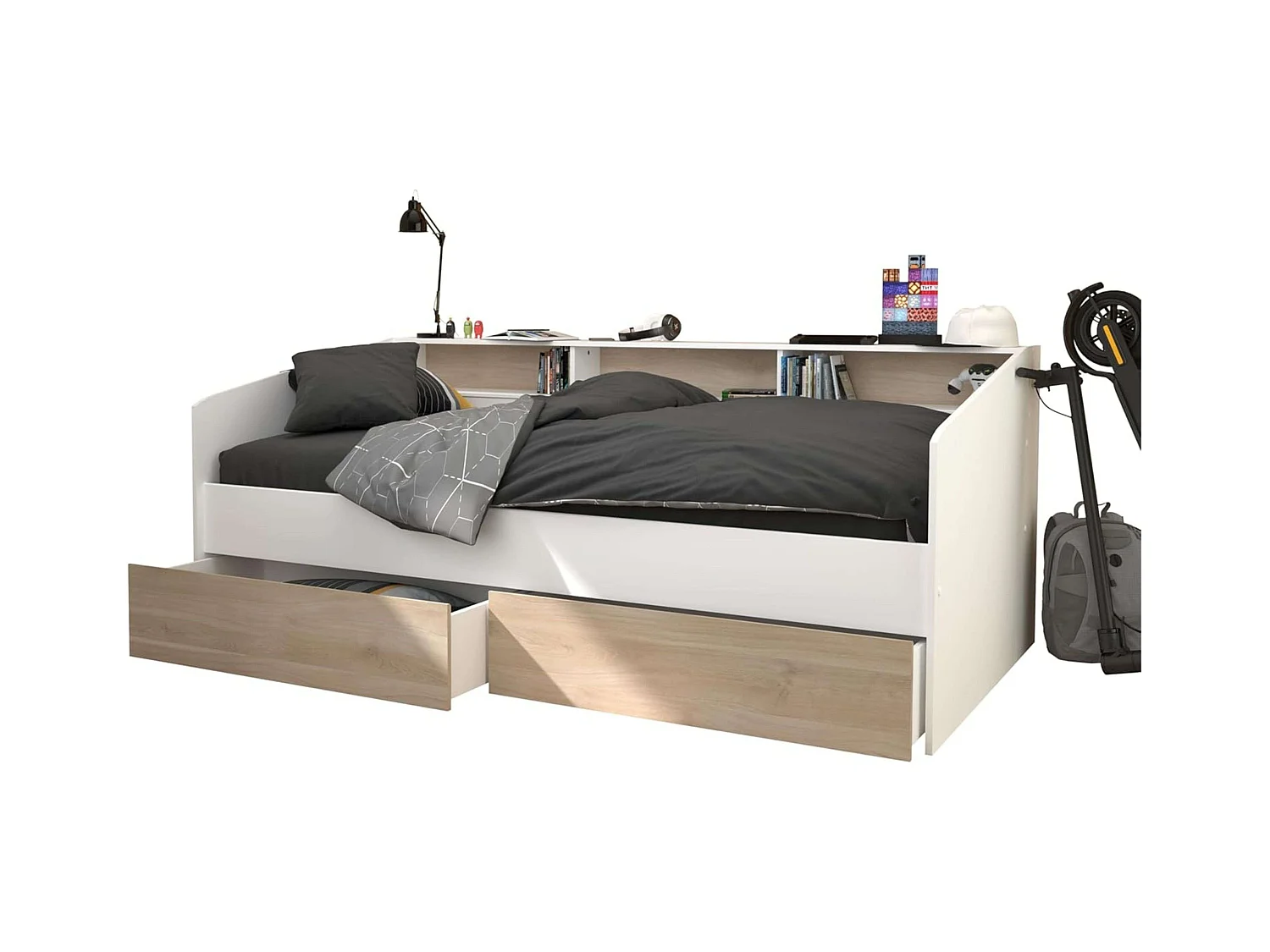 Cama Juvenil Style Blanco con cajones Roble Japonés 90x190-200 cm