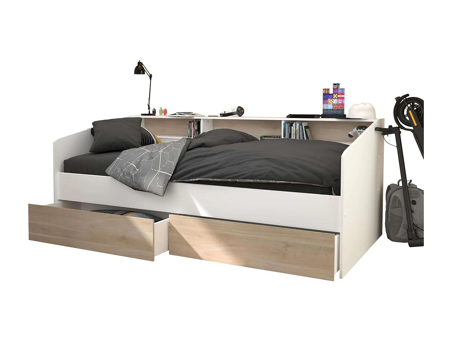 Cama Juvenil Style Blanco con cajones Roble Japonés 90x190-200 cm