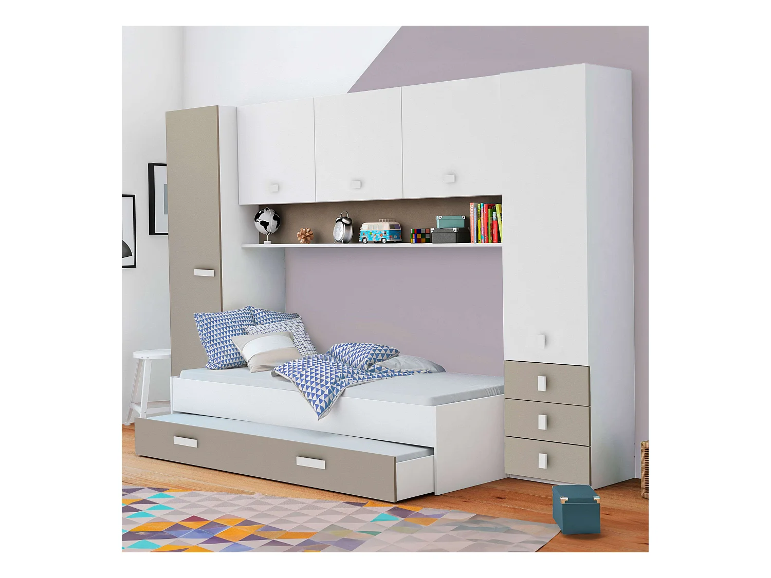 Cama Tidy con Cajones Habitación Infantil Juvenil Blanco y Arcilla 90x200 cm