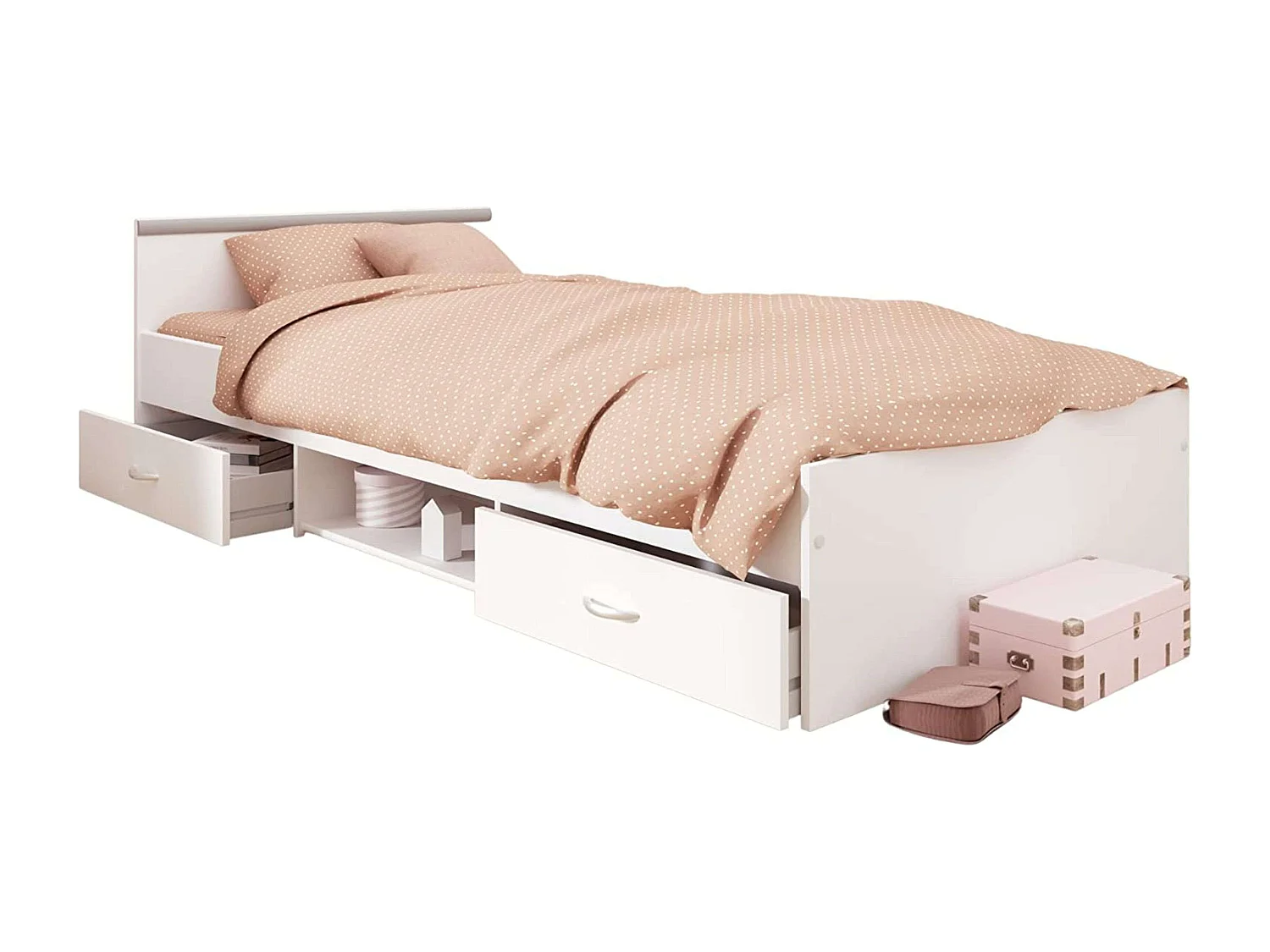 Cama juvenil Village 2 cajones y hueco blanco/gris 90x200 cm dormitorio