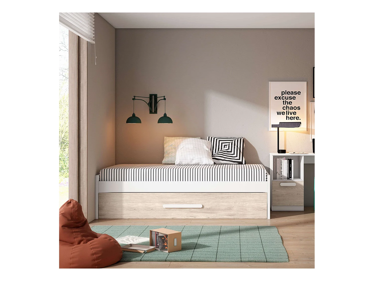 Cama Nido Juvenil Estilo Nórdico Roble Sahara Blanco Mate 90x190 cm
