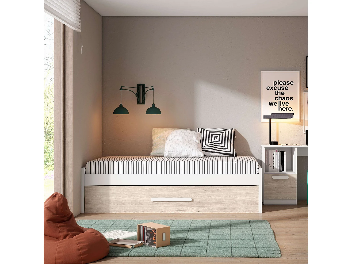 Cama Nido Juvenil Estilo Nórdico Roble Sahara Blanco Mate 90x190 cm