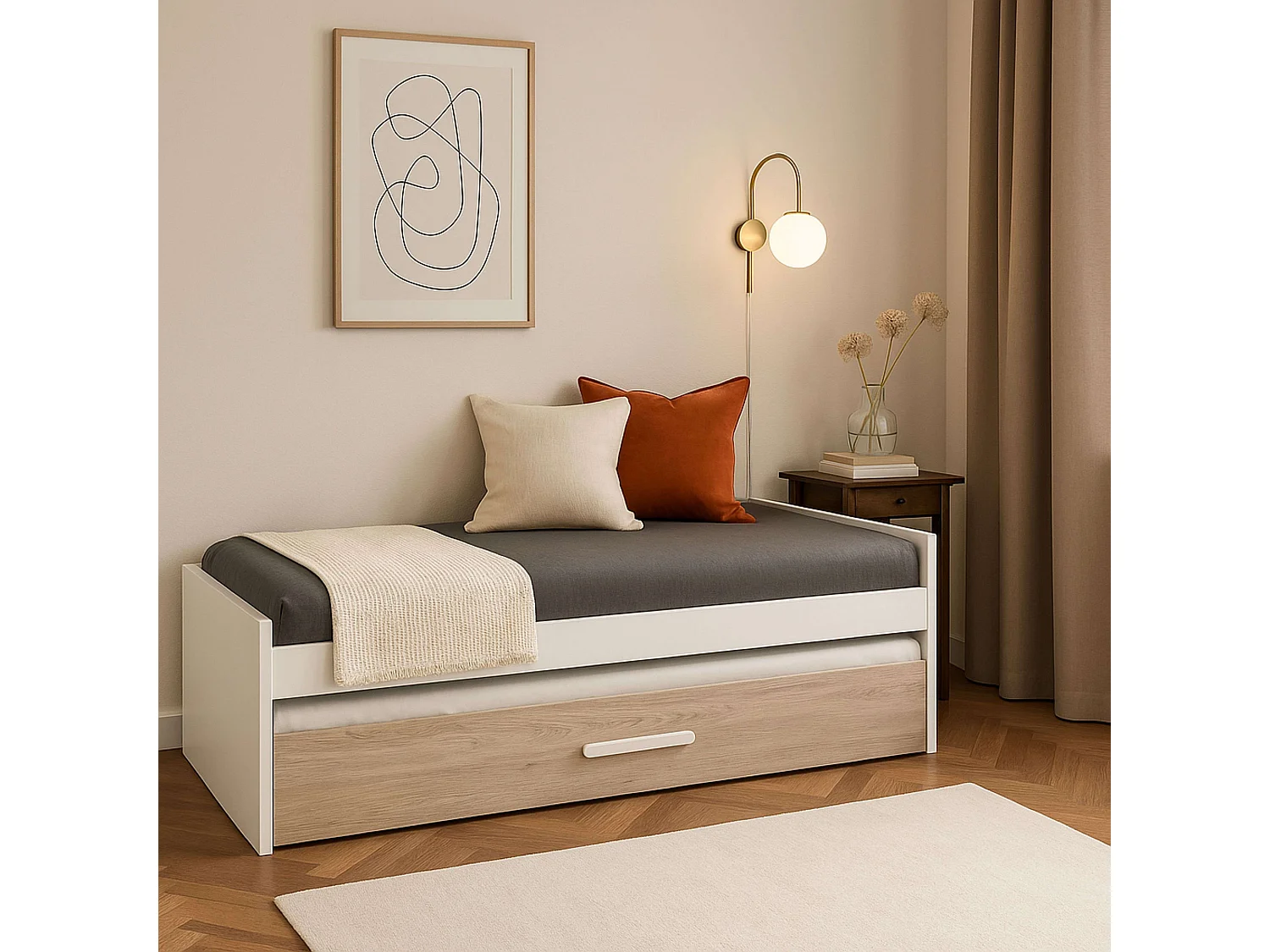 Cama Nido Juvenil Estilo Nórdico Roble Sahara Blanco Mate 90x190 cm