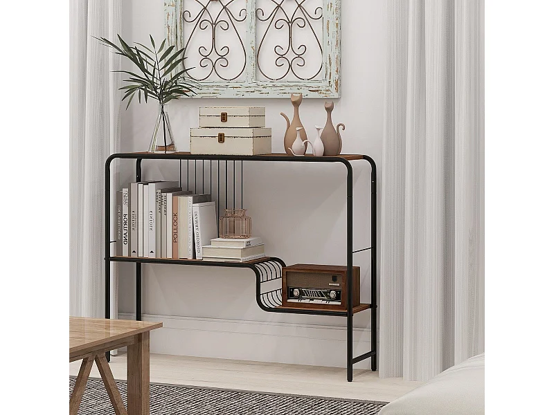 Tavolo consolle a 2 ripiani stretto con struttura in metallo, Tavolo da ingresso con ripiano di stoccaggio Marrone