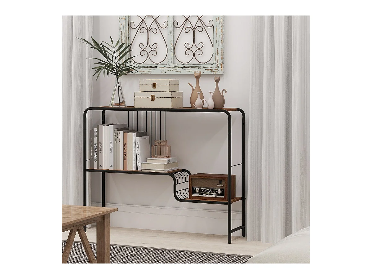 Konsolentisch Flurtisch mit 2 Ablageflächen und Metallrahmen Eingangstisch mit verstellbaren Füßen 99 x 27 x 79 cm