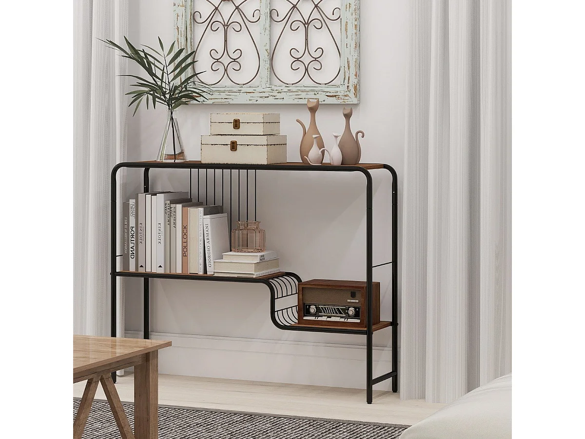 Tavolo consolle a 2 ripiani stretto con struttura in metallo, Tavolo da ingresso con ripiano di stoccaggio Marrone