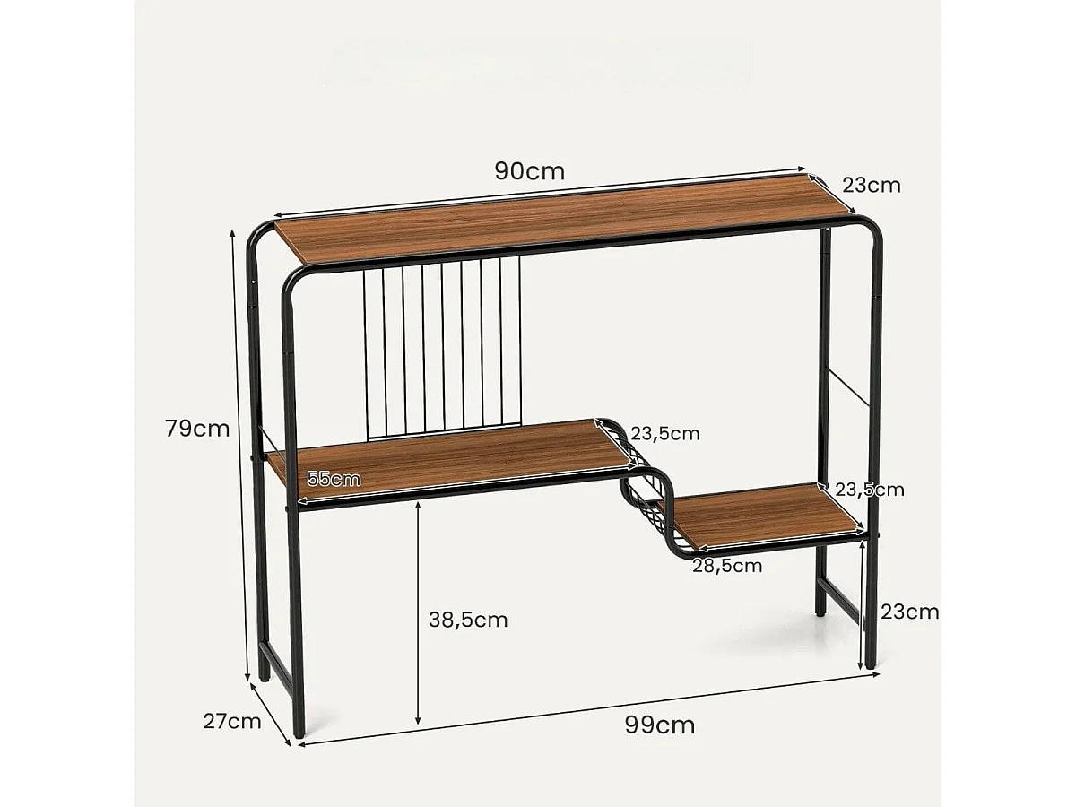 Tavolo consolle a 2 ripiani stretto con struttura in metallo, Tavolo da ingresso con ripiano di stoccaggio Marrone