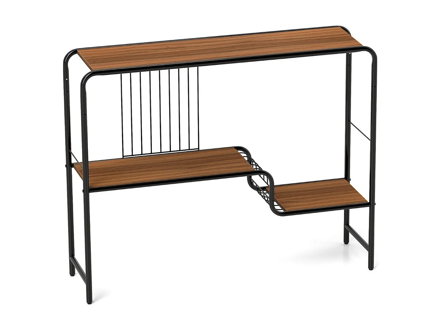 Tavolo consolle a 2 ripiani stretto con struttura in metallo, Tavolo da ingresso con ripiano di stoccaggio Marrone
