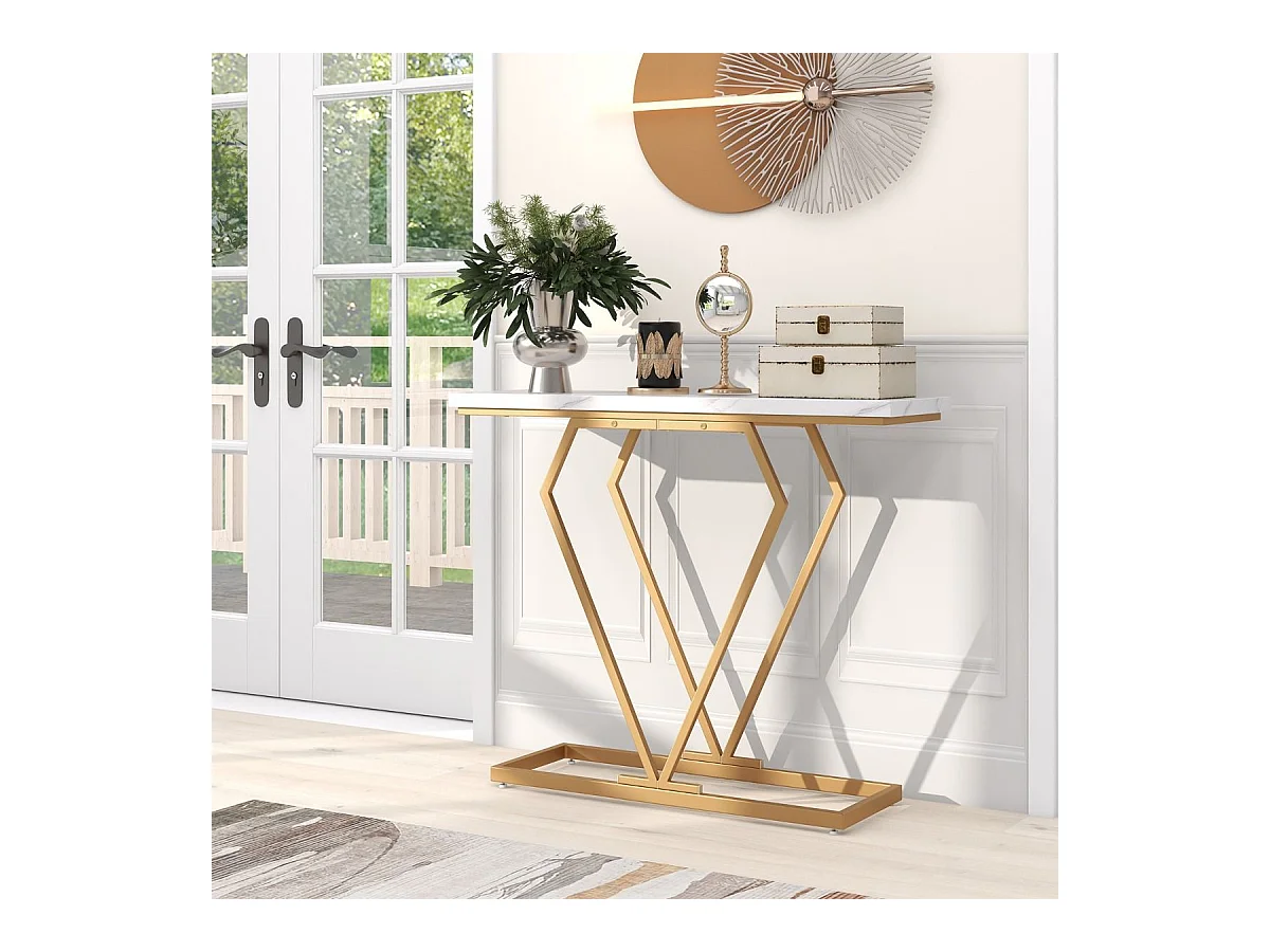 Consolle oro in finto marmo con telaio geometrico a forma di diamante, Tavolo stretto da ingresso da 100cm Bianco