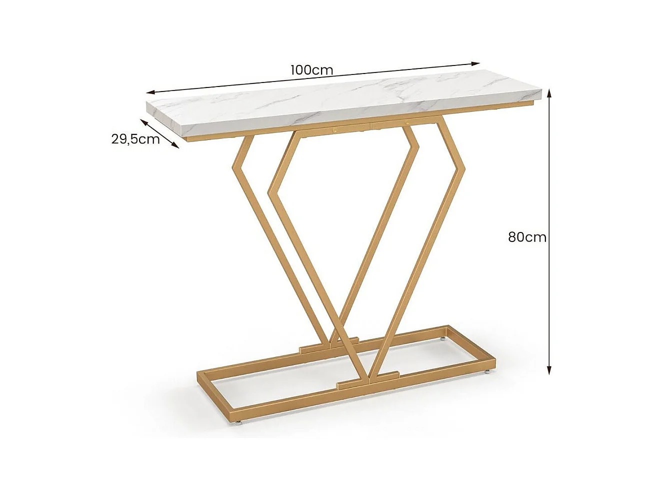 Consolle oro in finto marmo con telaio geometrico a forma di diamante, Tavolo stretto da ingresso da 100cm Bianco