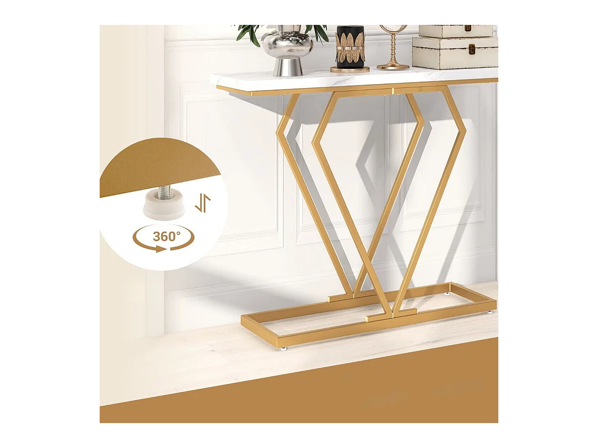 Consolle oro in finto marmo con telaio geometrico a forma di diamante, Tavolo stretto da ingresso da 100cm Bianco