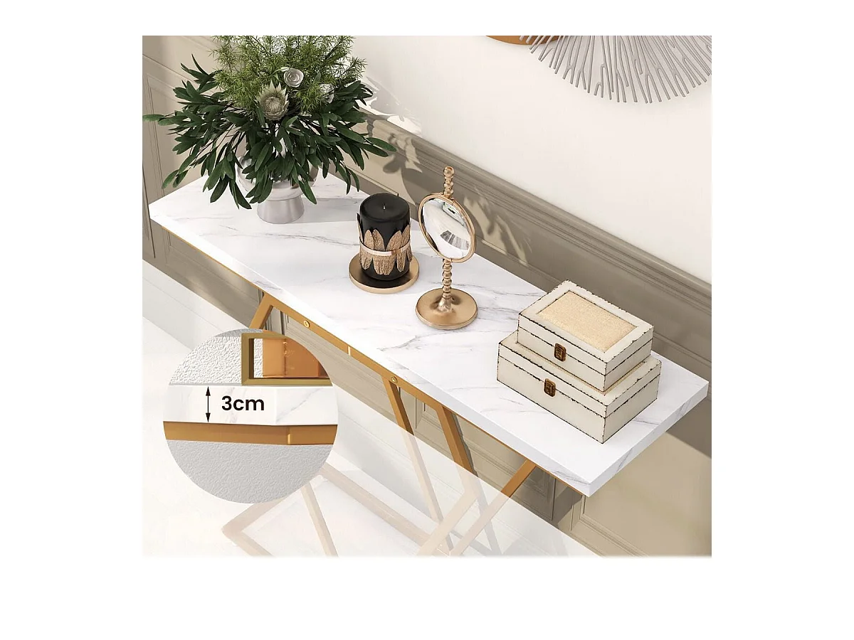 Consolle oro in finto marmo con telaio geometrico a forma di diamante, Tavolo stretto da ingresso da 100cm Bianco