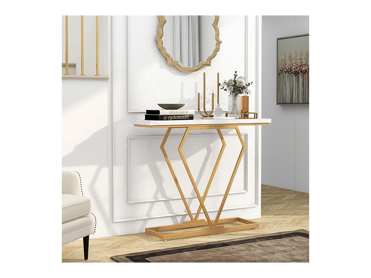 Consolle oro in finto marmo con telaio geometrico a forma di diamante, Tavolo stretto da ingresso da 100cm Bianco