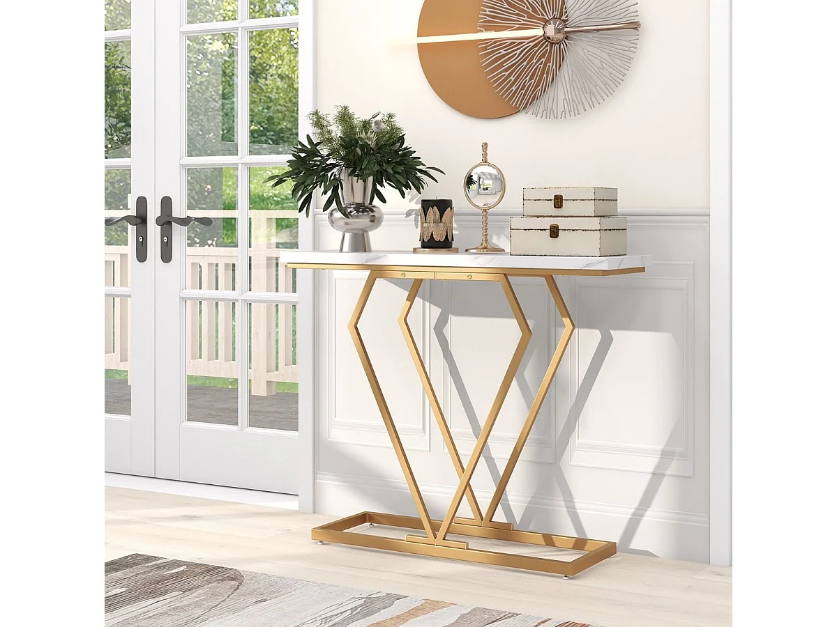 Consolle oro in finto marmo con telaio geometrico a forma di diamante, Tavolo stretto da ingresso da 100cm Bianco