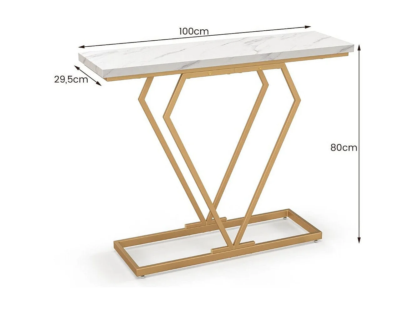 Consolle oro in finto marmo con telaio geometrico a forma di diamante, Tavolo stretto da ingresso da 100cm Bianco