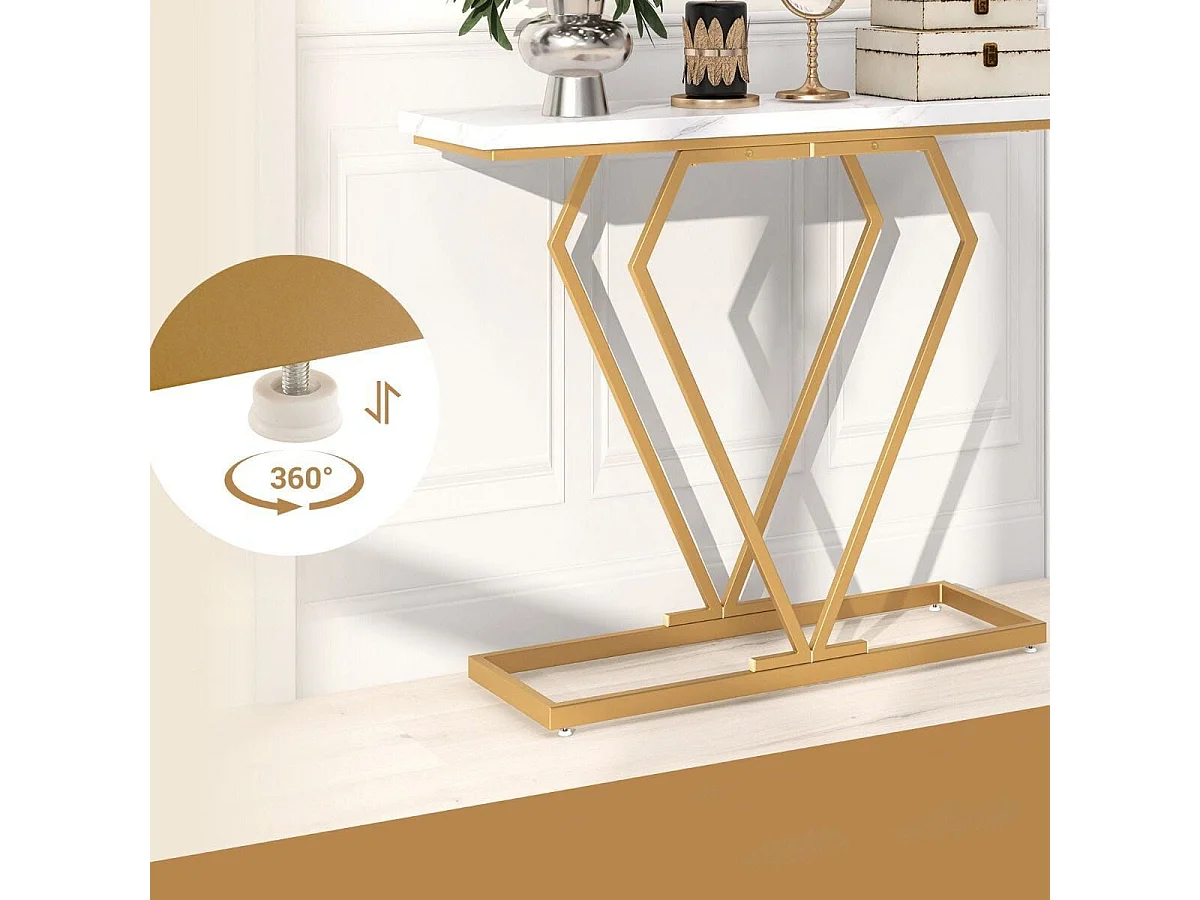 Consolle oro in finto marmo con telaio geometrico a forma di diamante, Tavolo stretto da ingresso da 100cm Bianco