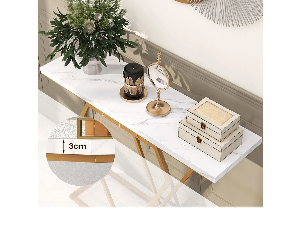 Consolle oro in finto marmo con telaio geometrico a forma di diamante, Tavolo stretto da ingresso da 100cm Bianco