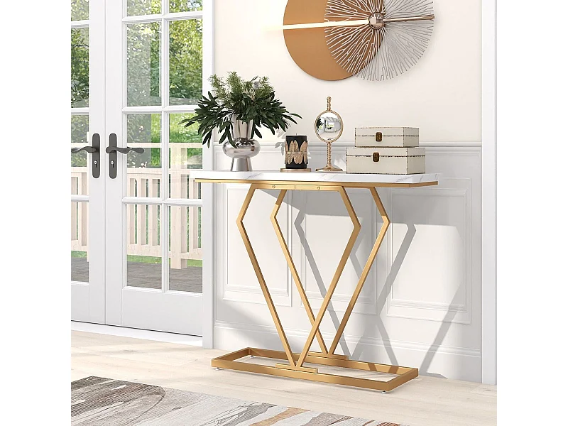 Consolle oro in finto marmo con telaio geometrico a forma di diamante, Tavolo stretto da ingresso da 100cm Bianco