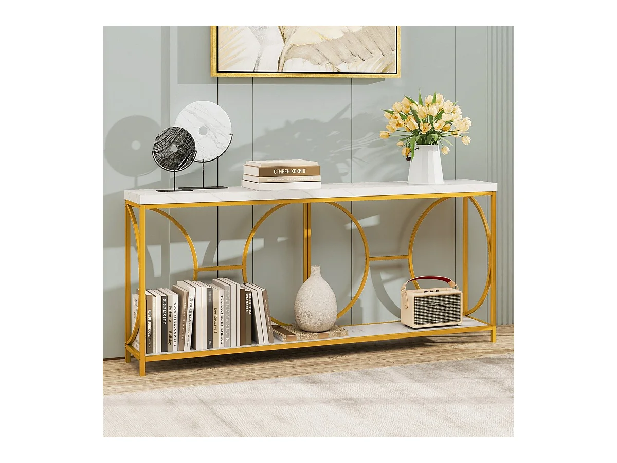 Tavolo console a 2 livelli con superficie in marmo finto, Tavolo console stretto da 180 cm per ingresso Bianco + Oro