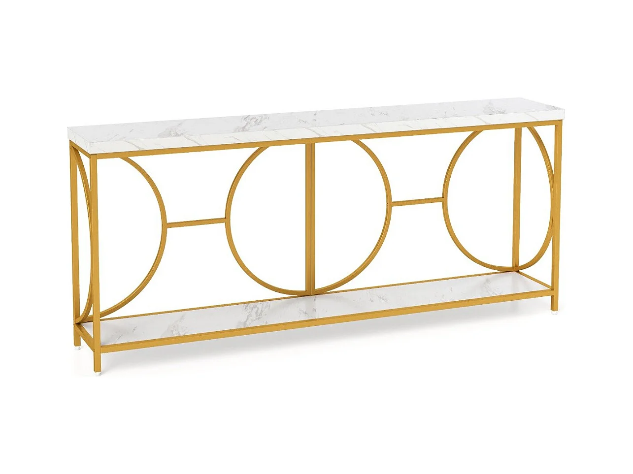 Tavolo console a 2 livelli con superficie in marmo finto, Tavolo console stretto da 180 cm per ingresso Bianco + Oro