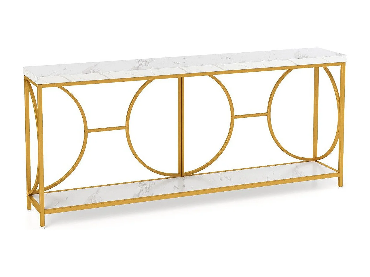 Tavolo console a 2 livelli con superficie in marmo finto, Tavolo console stretto da 180 cm per ingresso Bianco + Oro
