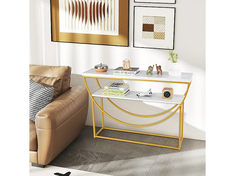 Tavolo console a 2 ripiani con piano in marmo finto, Tavolo da divano extra lungo con struttura in metallo resistente Bianco + Oro