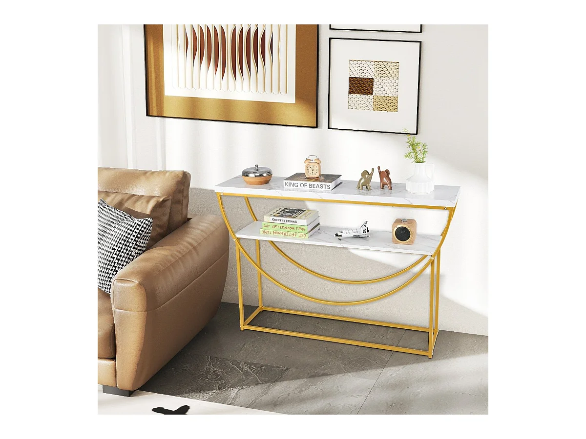 Tavolo console a 2 ripiani con piano in marmo finto, Tavolo da divano extra lungo con struttura in metallo resistente Bianco + Oro
