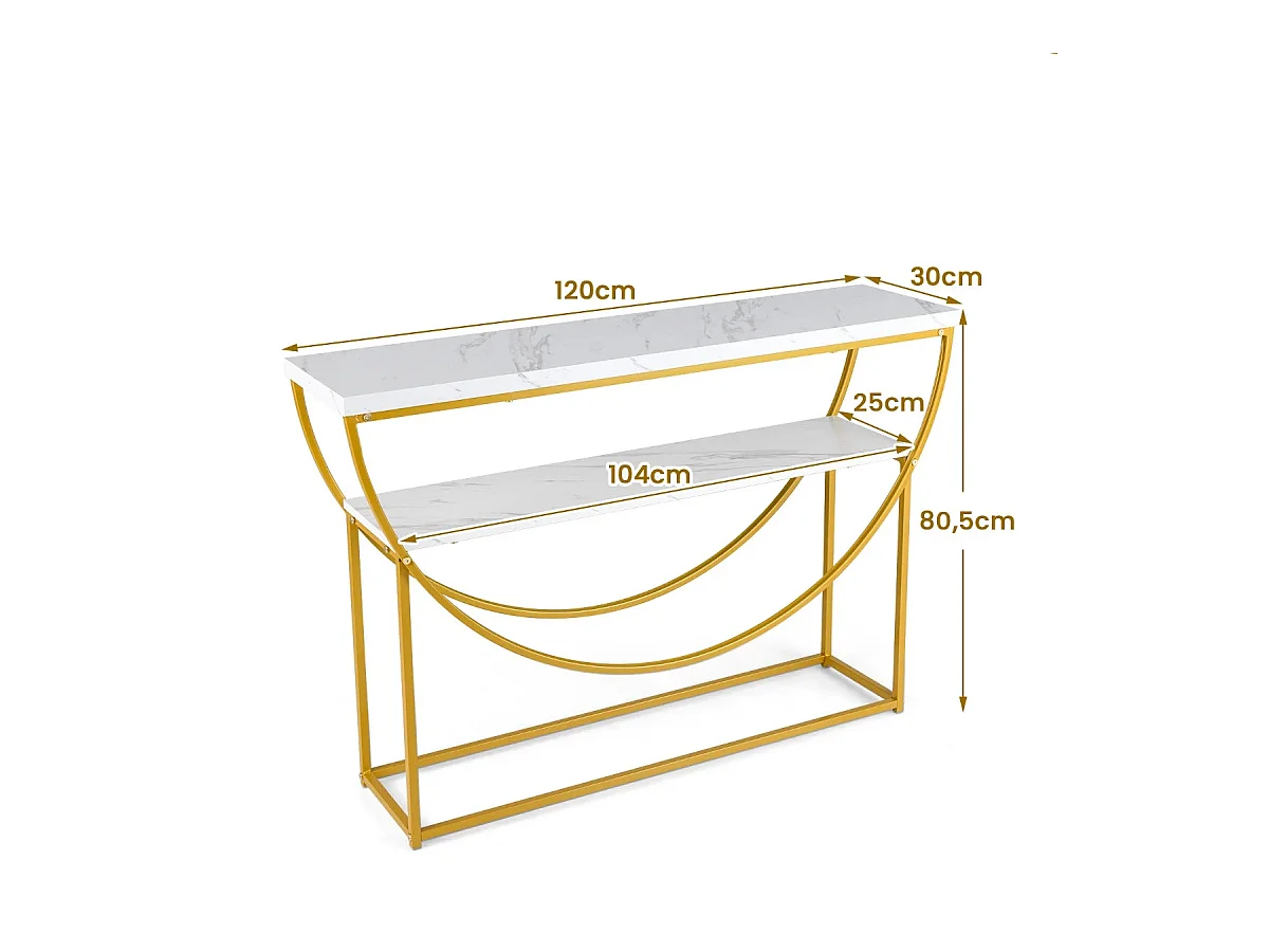 Tavolo console a 2 ripiani con piano in marmo finto, Tavolo da divano extra lungo con struttura in metallo resistente Bianco + Oro