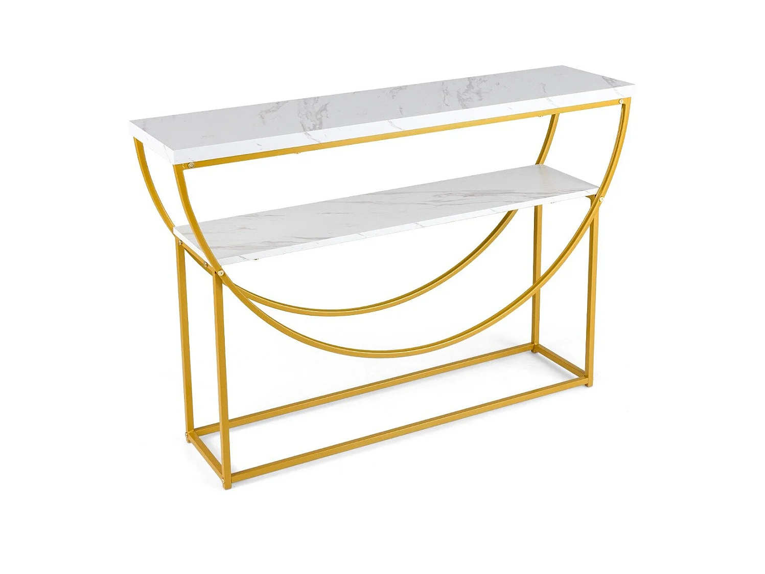 Tavolo console a 2 ripiani con piano in marmo finto, Tavolo da divano extra lungo con struttura in metallo resistente Bianco + Oro