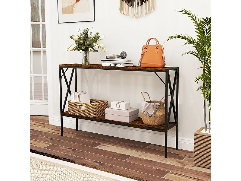 Tavolo consolle industriale a 2 ripiani con struttura in metallo, Tavolo stretto per ingresso e corridoio Marrone