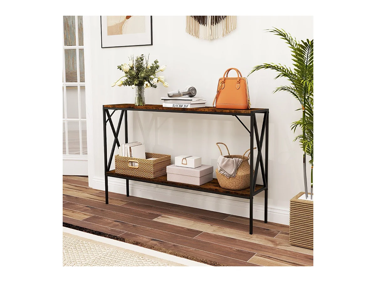 Tavolo consolle industriale a 2 ripiani con struttura in metallo, Tavolo stretto per ingresso e corridoio Marrone