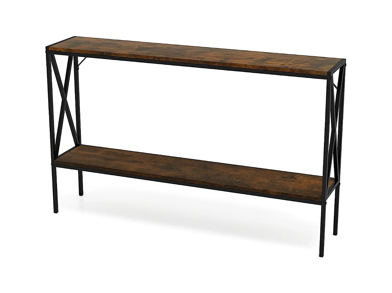 Tavolo consolle industriale a 2 ripiani con struttura in metallo, Tavolo stretto per ingresso e corridoio Marrone