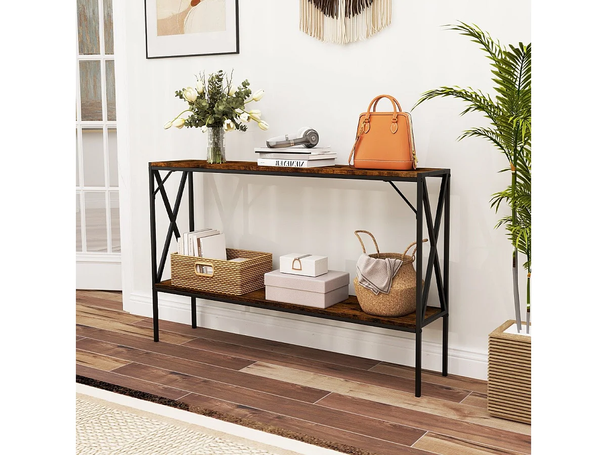 Table Console Industrielle à 2 Niveaux Derrière le Canapé avec Étagère de Rangement Ouverte Cadre en Métal de 120 CM Marron Rustique
