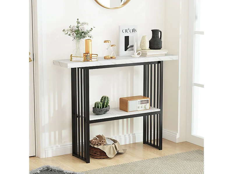 Consolle a 2 livelli con aspetto marmoreo Tavolino stretto Tavolino da ingresso nero + bianco