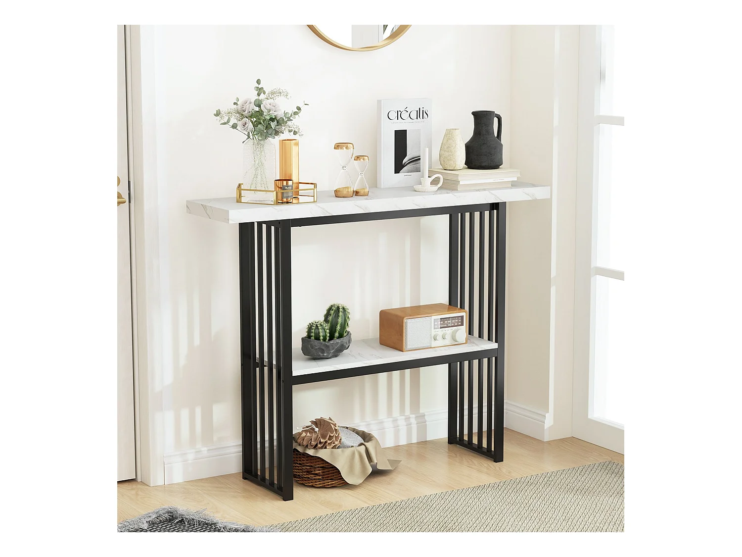 Consolle a 2 livelli con aspetto marmoreo Tavolino stretto Tavolino da ingresso nero + bianco