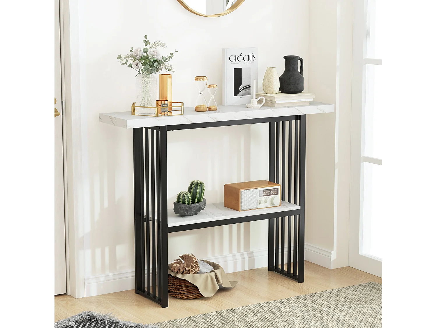 Consolle a 2 livelli con aspetto marmoreo Tavolino stretto Tavolino da ingresso nero + bianco