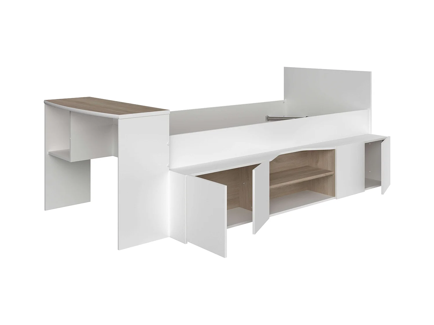 Cama Juvenil con Escritorio Porto en Roble Japonés y Blanco 90x200/190 cm