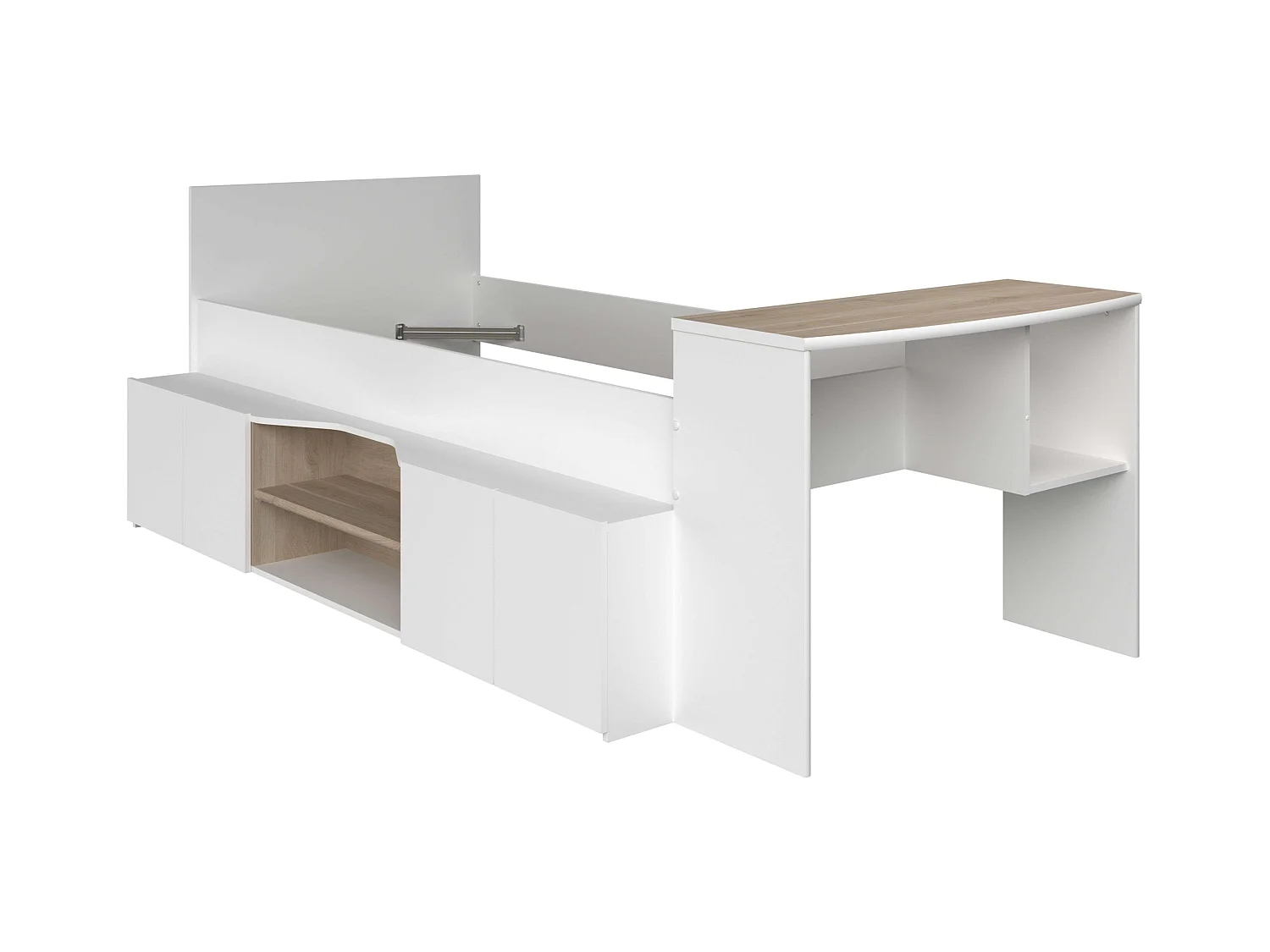 Cama Juvenil con Escritorio Porto en Roble Japonés y Blanco 90x200/190 cm